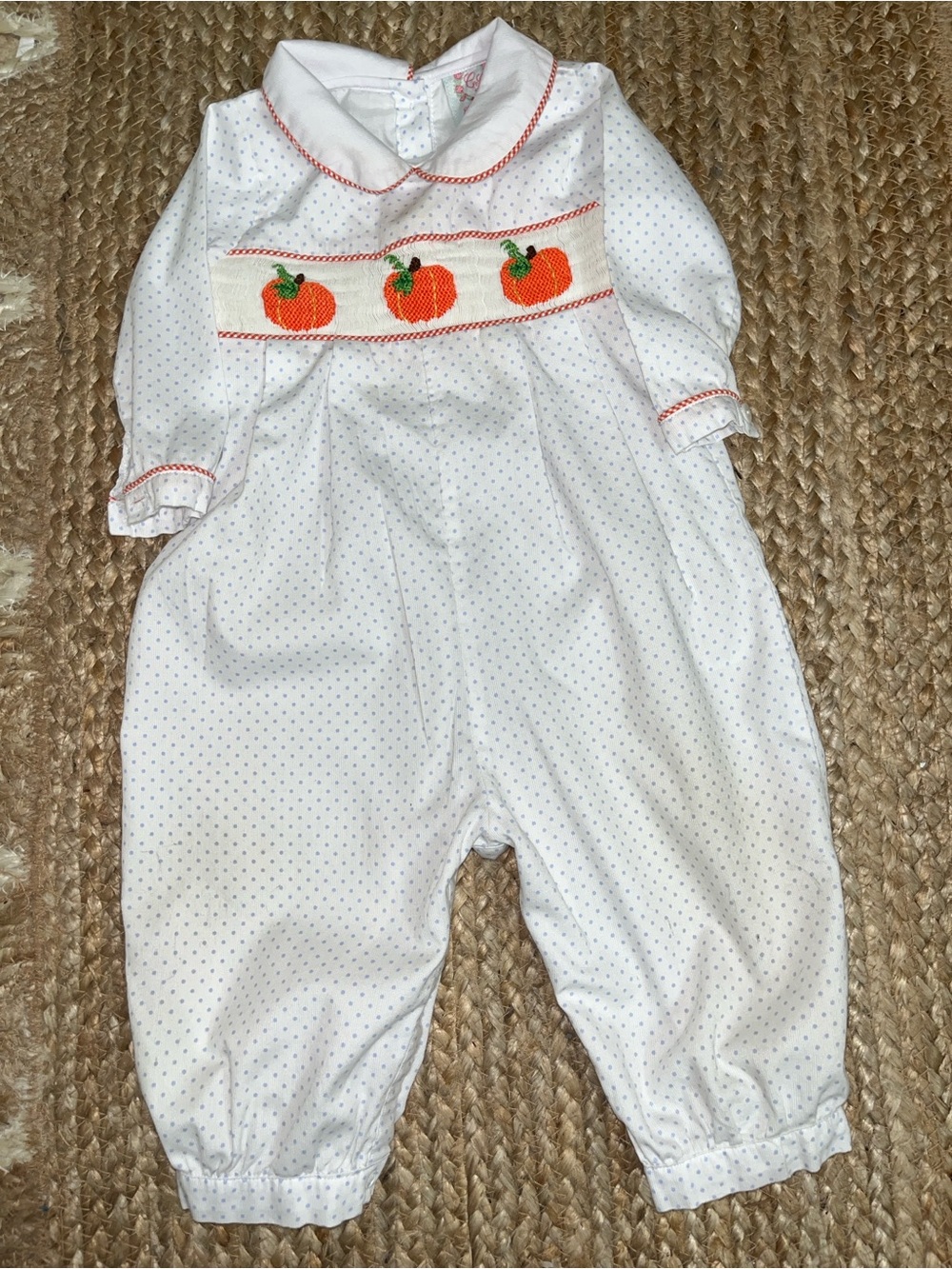 18 Mo Cecil & Lou White Polka Baby Romper Embroidered Orange Pumpkin Smocking